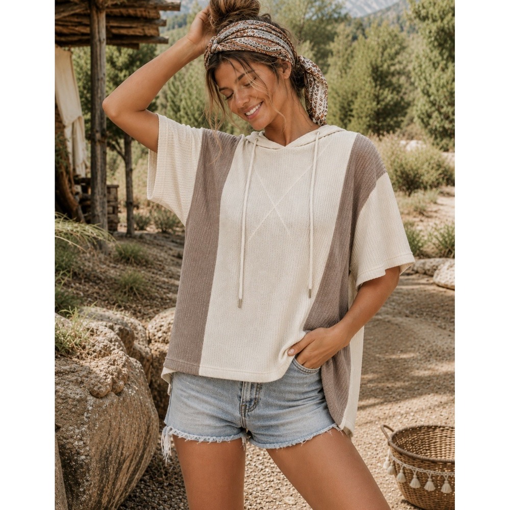 POL Casual Pullover Hooded Waffle Top Oversize Sz Small Neutral Colorblock boho